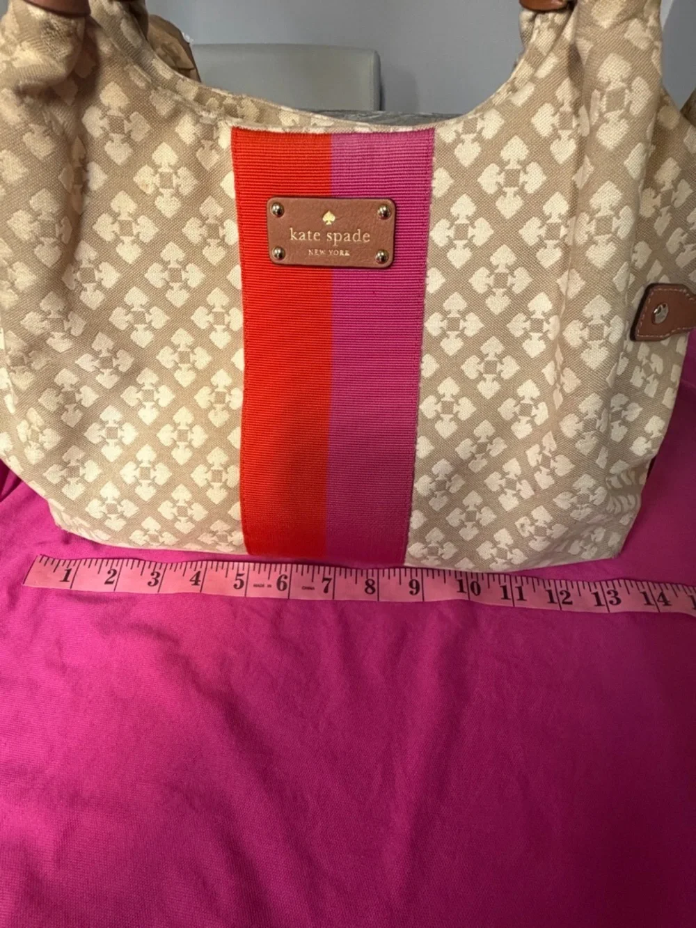 kate spade Beige Canvas Shoulder Bag with Red and Pink Stripe